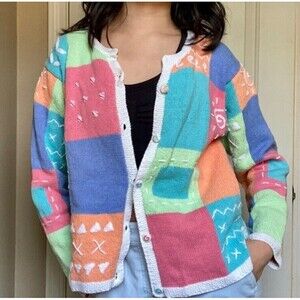 Mandal Bay‎ Pastel Pink Green Teal Blocked Sweater Women's Sz L Cardigan